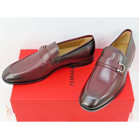 FERRAGAMO BURGUNDY LEATHER FLORIO GANCINI BIT LOGO LOAFERS 12 EE US 13 - Picture 9 of 10